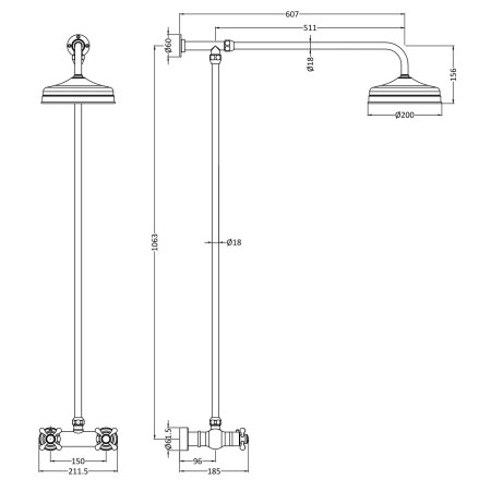 A7118 Hudson Reed Brushed Pewter Thermostatic Shower Valve with Fixed Head Line Drawing