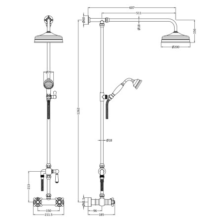 A7117 Hudson Reed Brushed Pewter Thermostatic Shower Valve with Fixed and Adjustable Head Line Drawing