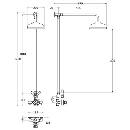 A3120 Hudson Reed Chrome Traditional Shower Kit with Fixed Head Line Drawing