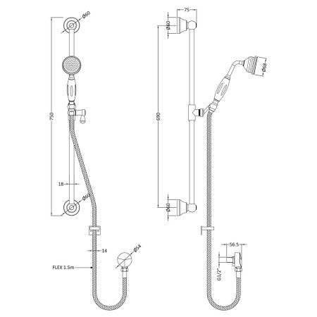 A7211 Hudson Reed Brushed Pewter Traditional Slider Rail Kit Line Drawing