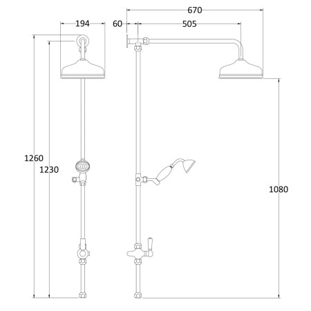 AM712 Hudson Reed Brushed Pewter Victorian Grand Rigid Riser Shower Kit Line Drawing