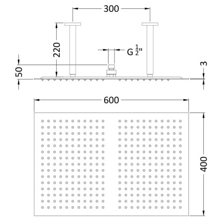 HEAD66 Hudson Reed Ceiling Mounted Shower Head 600 x 400mm Line Drawing
