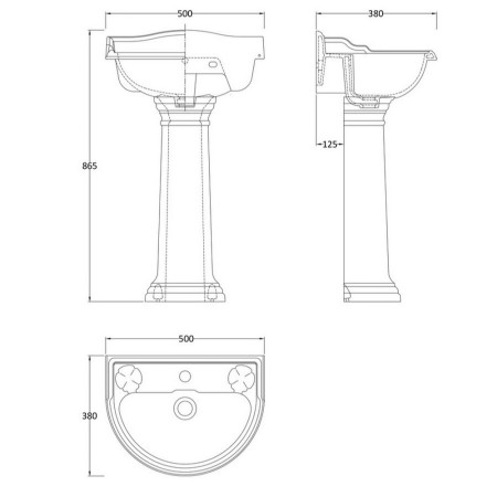 CRT007 Hudson Reed Chancery 500mm 1TH Basin & Pedestal Line Drawing