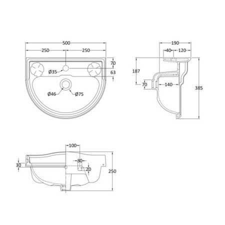 NCA104 Hudson Reed Chancery 500mm 1TH Cloakroom Basin Line Drawing