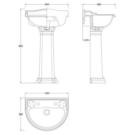 CRT005 Hudson Reed Chancery 500mm 2TH Basin & Pedestal Dimensions