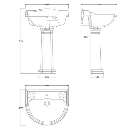 CRT002 Hudson Reed Chancery 600mm 1TH Basin & Pedestal Dimensions
