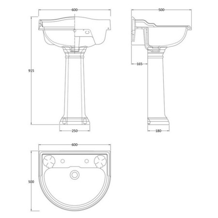 CRT003 Hudson Reed Chancery 600mm 2TH Basin & Pedestal Dimensions