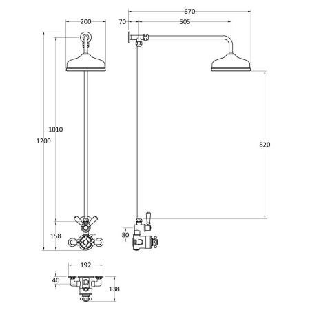 A4120 Hudson Reed Chrome and Black Traditional Shower Kit with Fixed Head Line Drawing