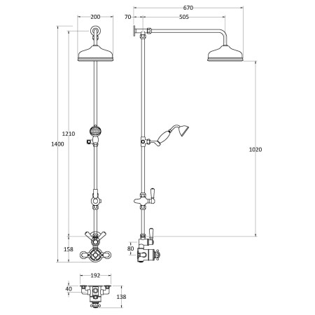 A4119 Hudson Reed Chrome and Black Traditional Shower Valve with Head and Handset Line Drawing