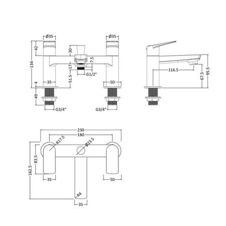 DRI304 Hudson Reed Drift Bath Shower Mixer Line Drawing