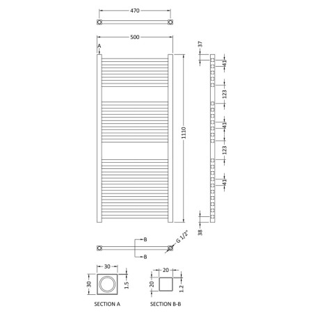 HL153 Hudson Reed Electric Heated Towel Rail 1110 x 500mm Anthracite Line Drawing