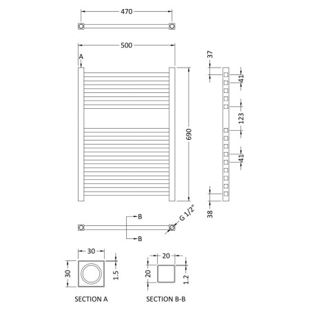 HL152 Hudson Reed Electric Heated Towel Rail 690 x 500mm Anthracite Line Drawing
