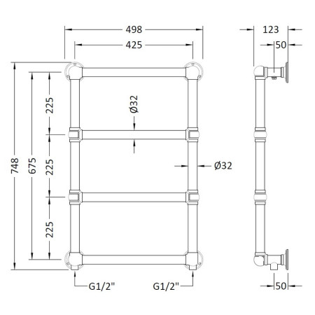 LDR005 Hudson Reed Epsom Wall Mounted Heated Towel Rail Line Drawing