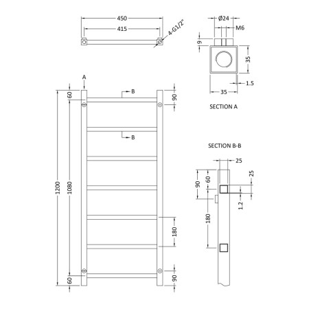 HL375 Hudson Reed Eton Designer Radiator 450 x 1200mm Line Drawing