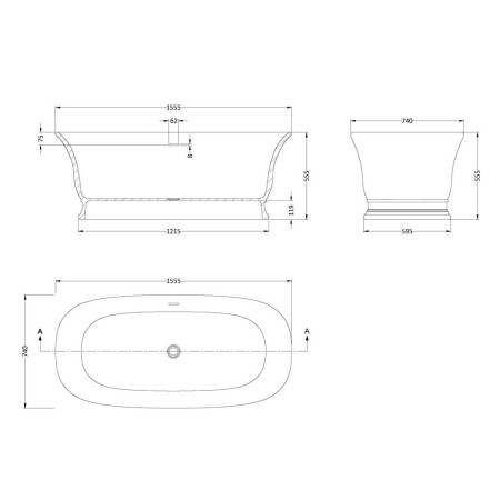 NBB004 Hudson Reed Farringdon 1555mm Double Ended Freestanding Bath Line Drawing