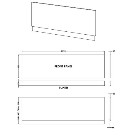 MPC3105 Hudson Reed Fern Green 1700mm Front Bath Panel and Plinth Line Drawing