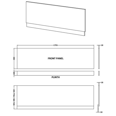 MPC3107 Hudson Reed Fern Green 1800mm Front Bath Panel and Plinth Line Drawing