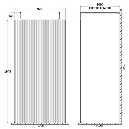 WRAF19510 Hudson Reed Fluted 1000mm Chrome Freestanding Wetroom Screen Dimensions