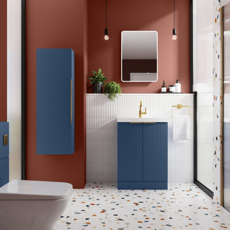 FLU362 Hudson Reed Fluted 400mm Tall Unit Satin Blue Lifestyle