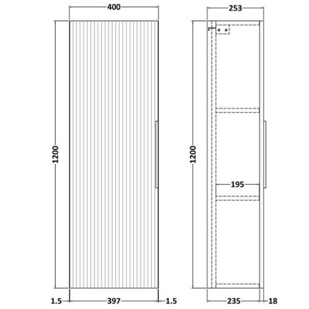 FLU262 Hudson Reed Fluted 400mm Tall Unit Satin Grey Line Drawing