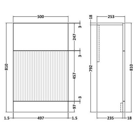 FLU341 Hudson Reed Fluted 500mm WC Unit Satin Blue Line Drawing