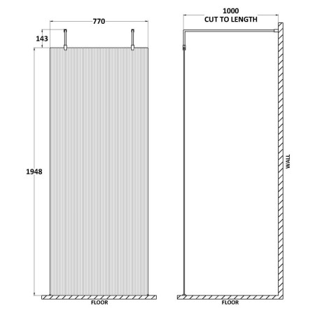 WRAF19580BB Hudson Reed Fluted 800mm Brushed Brass Freestanding Wetroom Screen Dimensions
