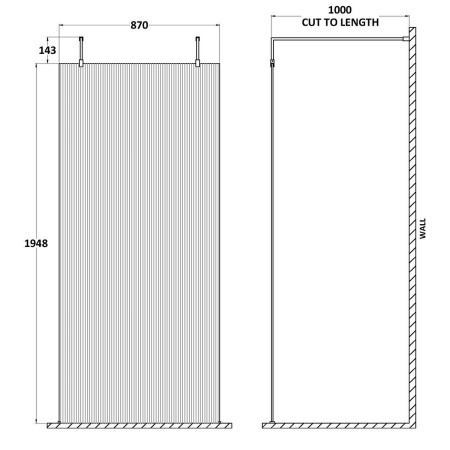 WRAF19590BB Hudson Reed Fluted 900mm Brushed Brass Freestanding Wetroom Screen Dimensions