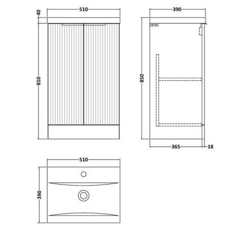 DFF123A Hudson Reed Fluted Floor Standing 500mm Cabinet and Basin Satin White Line Drawing