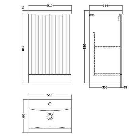 DFF823A Hudson Reed Fluted Floor Standing 500mm Cabinet and Basin Satin Green Line Drawing