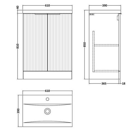 DFF125A Hudson Reed Fluted Floor Standing 600mm Cabinet and Basin Satin White Line Drawing
