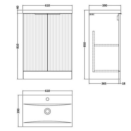 DFF125A Hudson Reed Fluted Floor Standing 600mm Cabinet and Basin Satin White Line Drawing