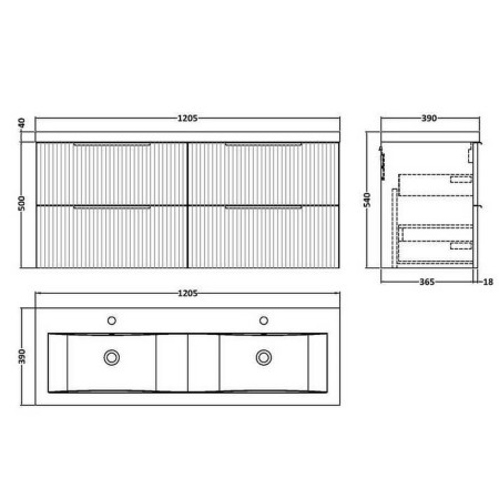 DFF193F Hudson Reed Fluted Four Drawer 1200mm Cabinet and Basin Satin White Line Drawing