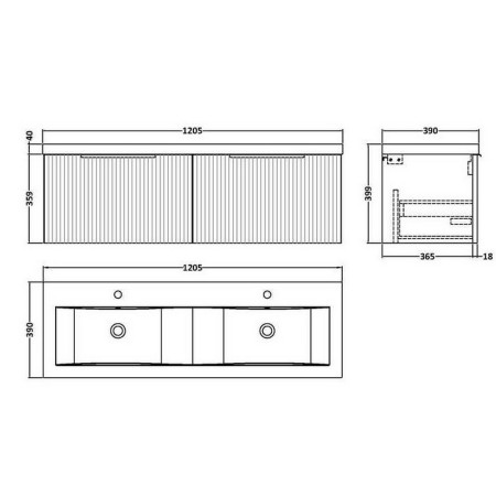 DFF194F Hudson Reed Fluted Two Drawer 1200mm Cabinet and Basin Satin White Line Drawing