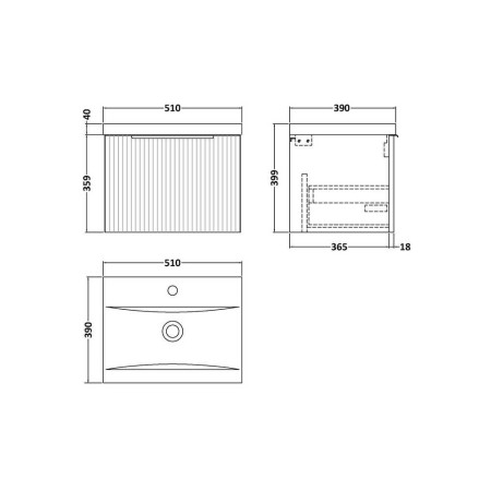 DFF191A Hudson Reed Fluted Wall Hung One Drawer 500mm Cabinet and Basin Satin White Line Drawing