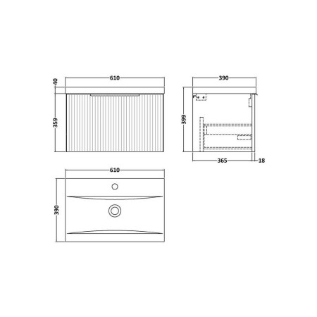 DFF194A Hudson Reed Fluted Wall Hung One Drawer 600mm Cabinet and Basin Satin White Line Drawing