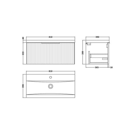 DFF896A Hudson Reed Fluted Wall Hung One Drawer 800mm Cabinet and Basin Satin Green Line Drawing