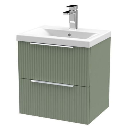 DFF892A Hudson Reed Fluted Wall Hung Two Drawer 500mm Cabinet and Basin Satin Green