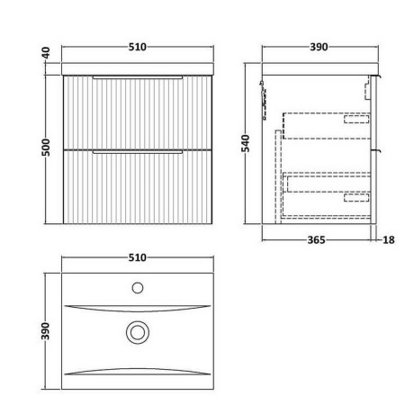 DFF192A Hudson Reed Fluted Wall Hung Two Drawer 500mm Cabinet and Basin Satin White Line Drawing