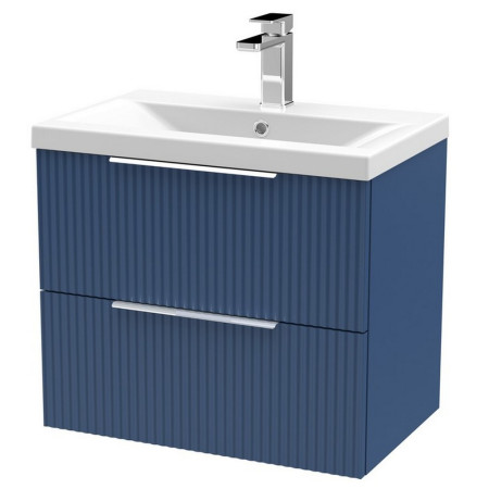 DFF393A Hudson Reed Fluted Wall Hung Two Drawer 600mm Cabinet and Basin Satin Blue