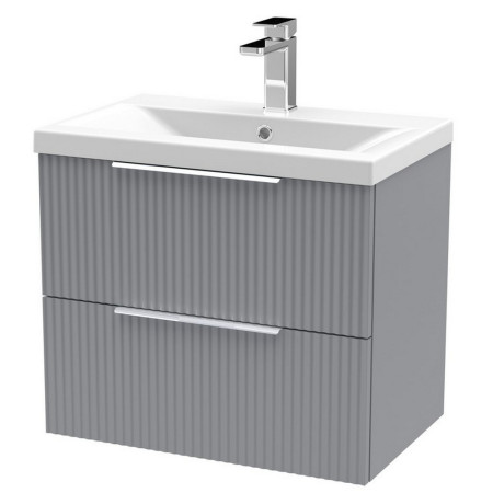 DFF293A Hudson Reed Fluted Wall Hung Two Drawer 600mm Cabinet and Basin Satin Grey