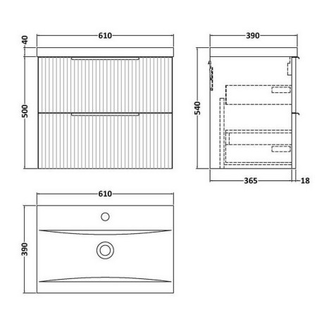 DFF293A Hudson Reed Fluted Wall Hung Two Drawer 600mm Cabinet and Basin Satin Grey Line Drawing