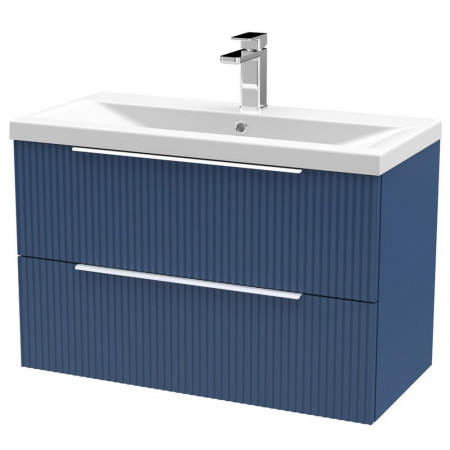 DFF395A Hudson Reed Fluted Wall Hung Two Drawer 800mm Cabinet and Basin Satin Blue