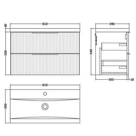 DFF195A Hudson Reed Fluted Wall Hung Two Drawer 800mm Cabinet and Basin Satin White Line Drawing