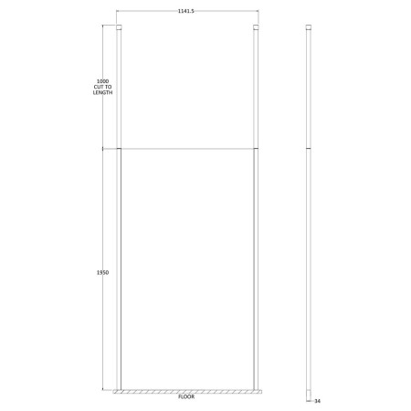 GPCP11 Hudson Reed Freestanding 1100mm Wetroom Screen with Double Ceiling Posts Line Drawing