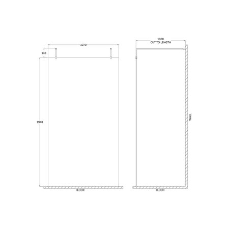 GPAF11 Hudson Reed Freestanding 1100mm Wetroom Screen with Double Support Arms Line Drawing