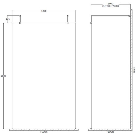 GPAF12 Hudson Reed Freestanding Wetroom Screen with Double Support Arms 1200mm Line Drawing