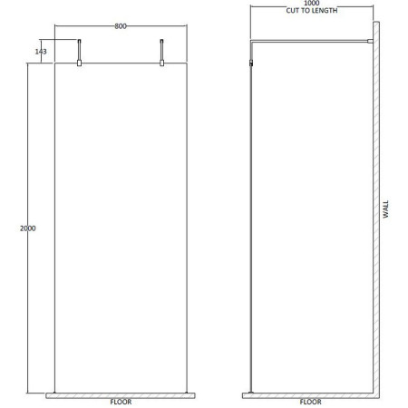 GPAF080 Hudson Reed Freestanding Wetroom Screen with Double Support Arms 800mm Line Drawing