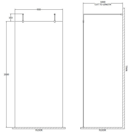 GPAF090 Hudson Reed Freestanding Wetroom Screen with Double Support Arms 900mm Line Drawing