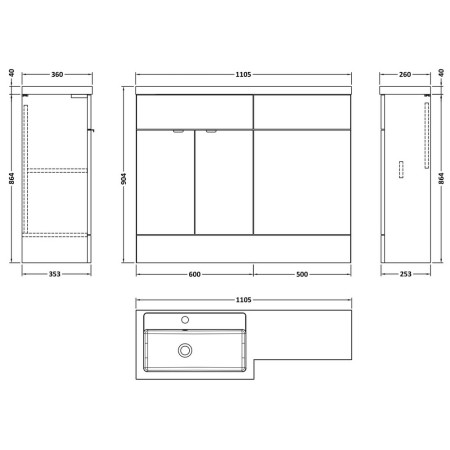 CBI3002 Hudson Reed Fusion 1100mm Full Depth Bleached Oak LH Combination Unit Line Drawing