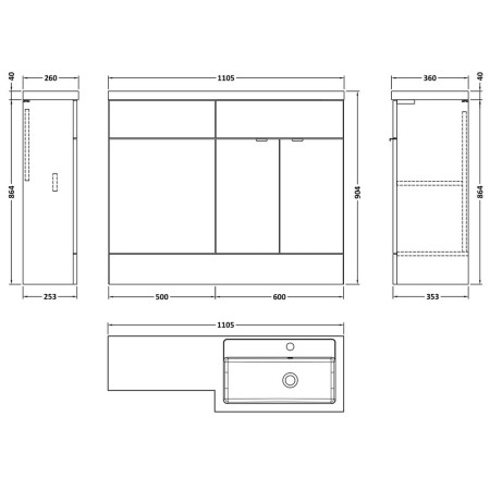 CBI3003 Hudson Reed Fusion 1100mm Full Depth Bleached Oak RH Combination Unit Line Drawing